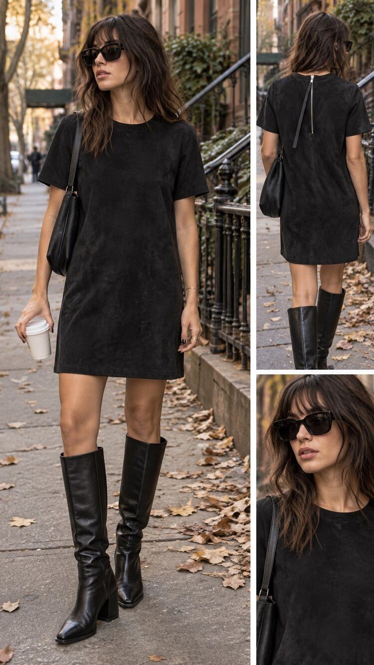 Zara Black Faux Suede Mini Shift Dress Short Sleeve Back Zip Minimalist Medium